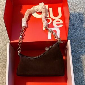 Brown Suede Chain Shoulder Bag Aupen NEW